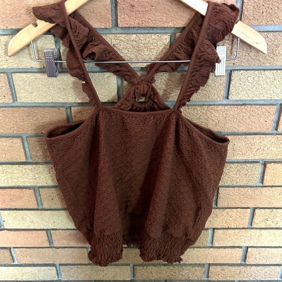 Anthropologie Marisol Ruffled Halter Top‎ Textured Brown Medium Summer Stretchy - Picture 4 of 7